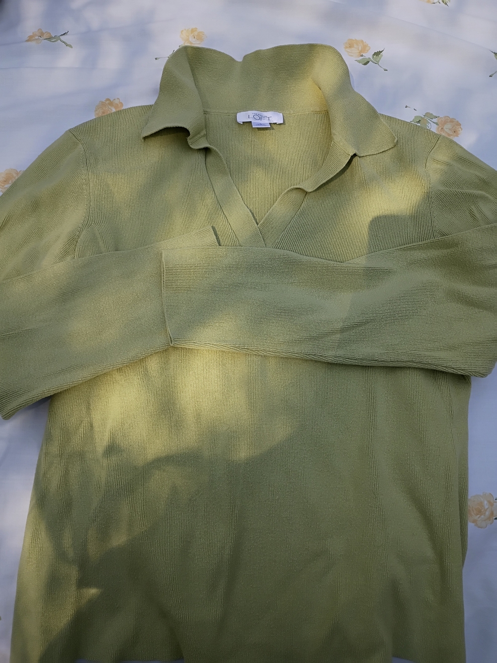 Ann Taylor Olive Green Collared V-Neck Sweater